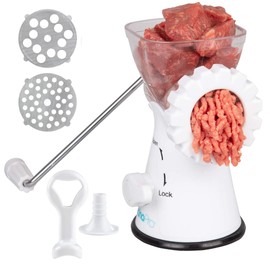 Manual Meat Grinder - Mincer w 2 Stainless Steel Plates, Sausage Attachment, Press, Heavy Duty Suction Base and Dishwasher Safe Design- Make Homemade Sausage, Ground Beef Burger Patties or Hamburgers