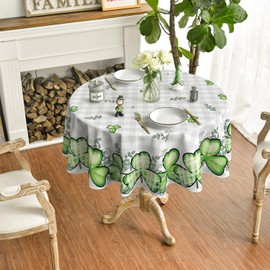 Horaldaily St. Patrick's Day Tablecloth 60×60 Inch Round, Buffalo Plaid Shamrock Eucalyptus Washable Table Cover for Party Picnic Dinner Decor