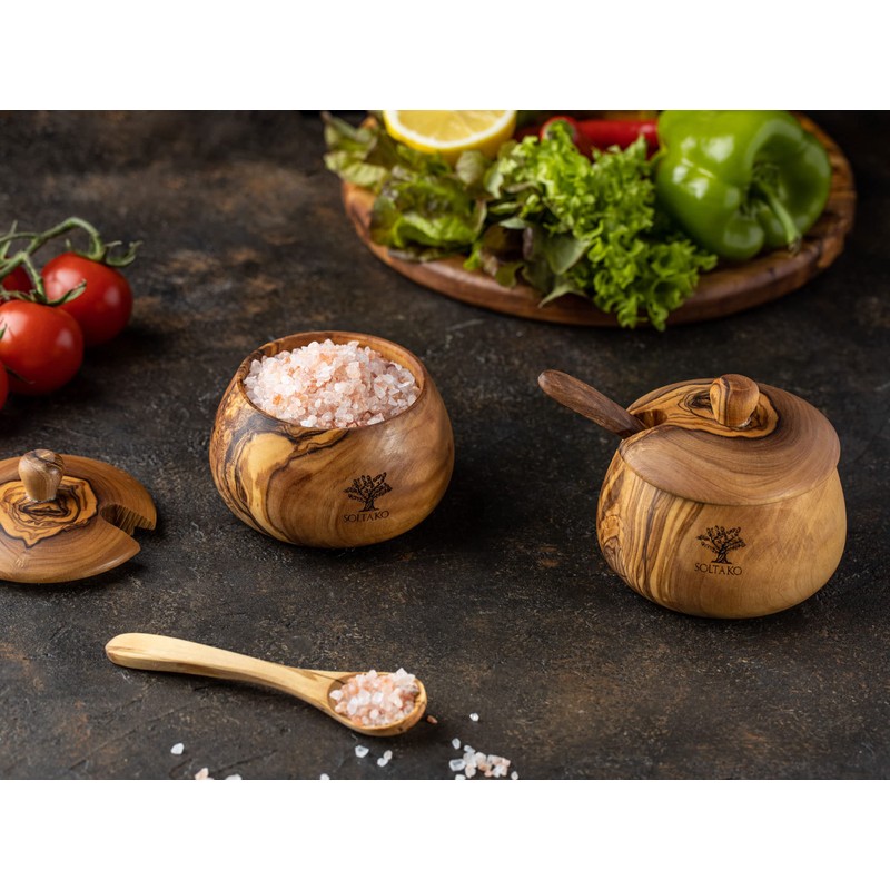 Olive Wood Salt & Sugar Bowl "Spicery" Set of 2