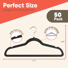 Black Velvet Hangers 50 Pack – 360° Swivel Hook, Non-Slip and Space Saving Hangers, Heavy-Duty 11 lbs Weight Capacity - Smooth Velvet Finish for Crease-Free Clothes and Effortless Closet Organization