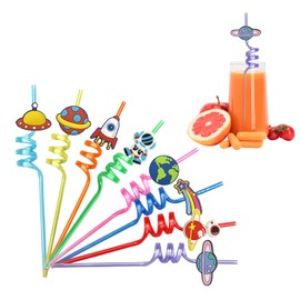 YALiya Universum Trinkschleife Strohhalme 16 Sets Wiederverwendbare Lockige Party Trinkhalme, Weltall Geburtstagsdeko, Astronaut Planeten Rakete Satelliten, Thema Geburtstagsfeier Dekorationen Zubehör