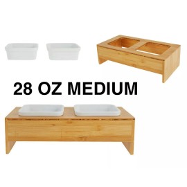 Top Paw (2) Modern Ceramic Cube 28 oz Bowls & Bamboo Stand Double Diner Dog Food Bowls