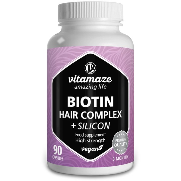 Hair Vitamins for Growth and Hair Loss with Biotin, Hyaluronic Acid, Silicon, Zinc and Selenium - 90 Vegan Capsules for 3 Months - Hair, Skin & Nails - Supplement Without Additives, Made in Germany
