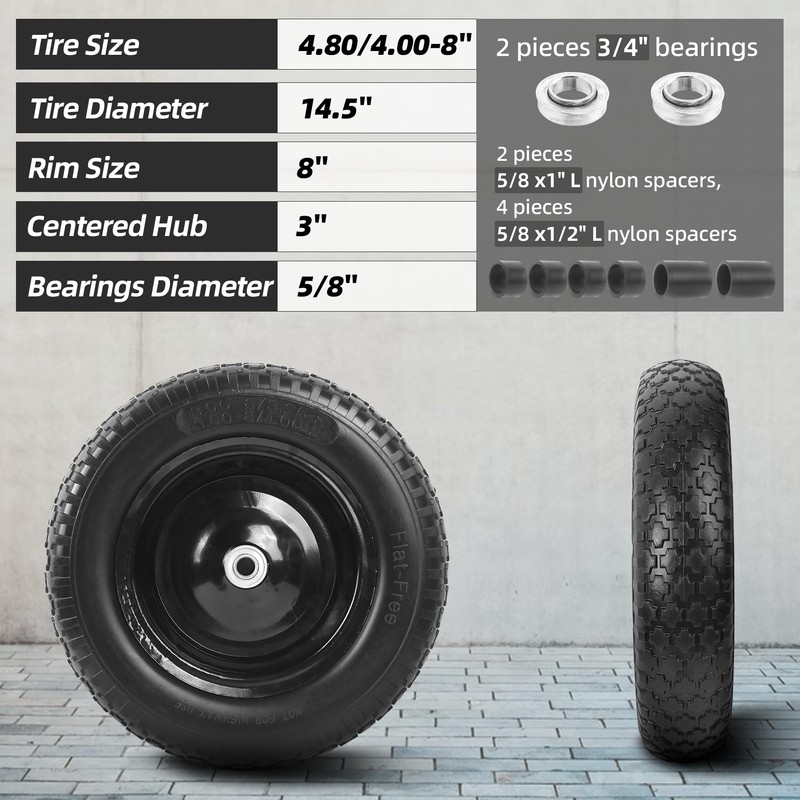 AR-PRO 4.80/4.00-8" Flat Free Tire and Wheel - 14.5" Solid