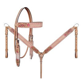 CHALLENGER Horse Western Filigree Pink Inlay Rough-Out Leather Bridle & Breast Collar Tack Set 78RS18PKB