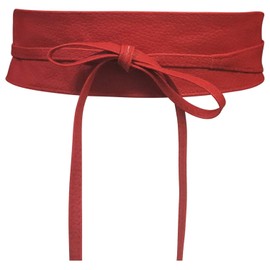 Women's Obi Belt Wide Lace Waist Band Faux Leather Cinch Tie up One Size Boho (Red Leather)