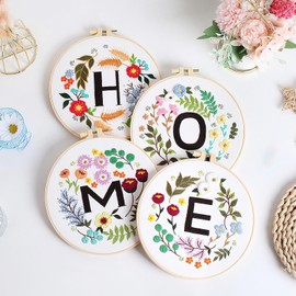 JSRQT 4 Sets Embroidery Kit for Beginners Adults, “Home” Embroidery Kit with Flower Pattern, Easy Embroidery Starter Kit for DIY Craft Lovers, Stamped Design Cross Stitch Kit with Embroidery Tool