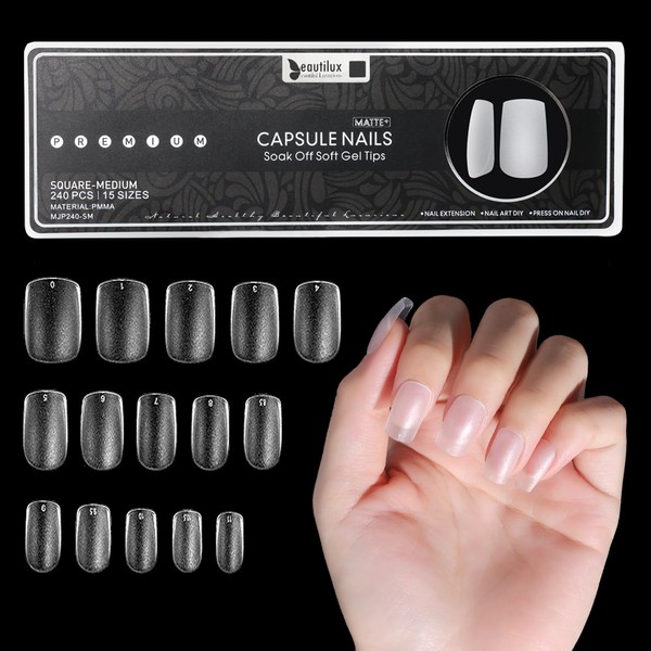 Beautilux Nageltips Quadrat, Full Cover Nail Tips, Pre-Buff Matt Transparent