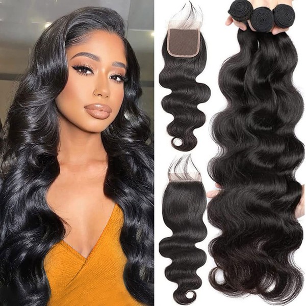 Brazilian Body Wave Virgin Hair Bundles with Transparent Lace Closure (18 20 22+16) Remy Human Hair Body Wave 3 Bundles Hair Extension with 4x4 Lace Closure Hair Extensions