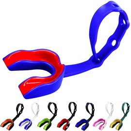 Oral Mart - Protector bucal juvenil con correa azul y rojo para niños, protector bucal deportivo con correa conectada para fútbol, hockey sobre hielo, lacrosse, taekwondo