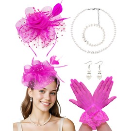 Fascinator Hat for Women Tea Party Hats Mesh Veil Headband Tea Party Headpiece and Lace Glove Set for Women