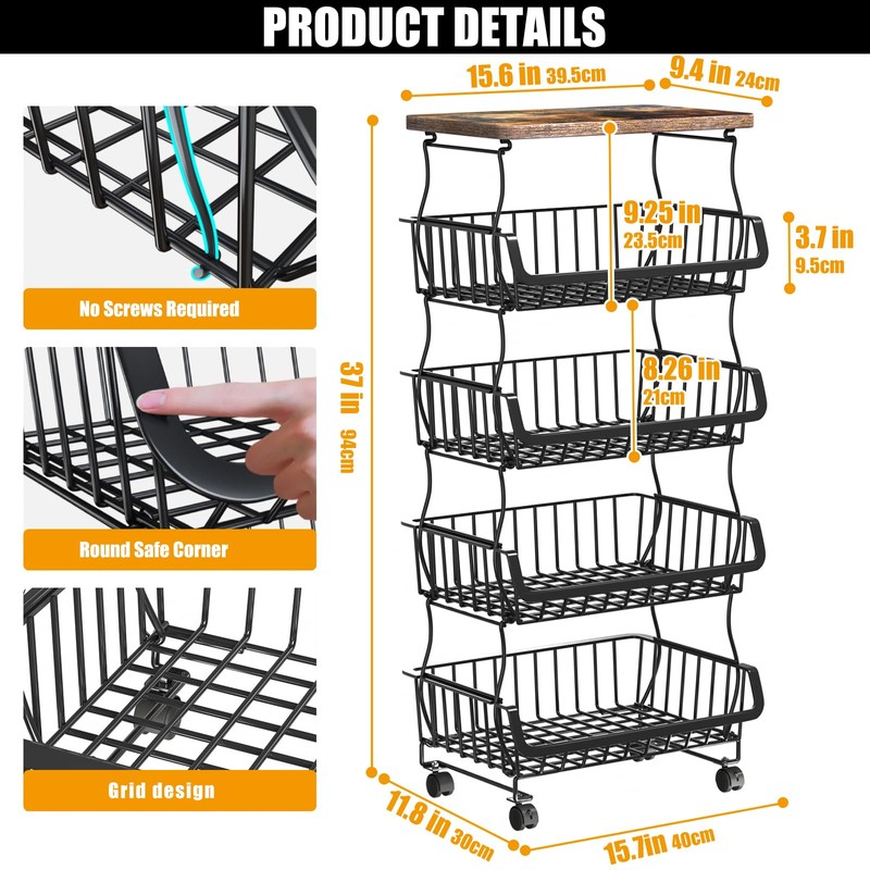 Gsiekare Fruit Vegetable Basket for Kitchen, 5 Tier Stackable Fruit