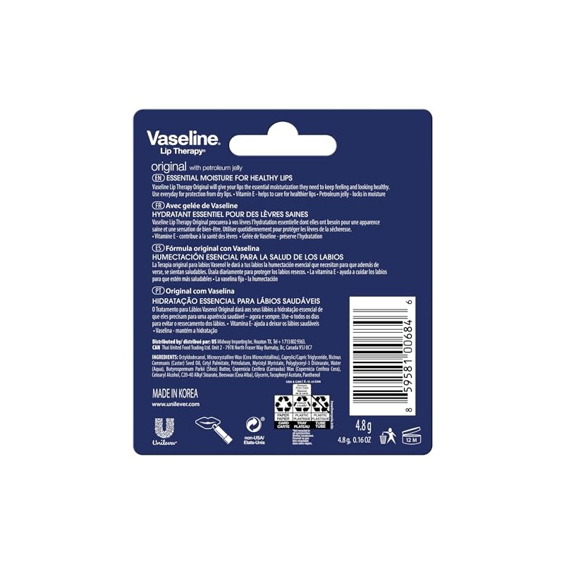 Vaseline- Lip Therapy Original, humectante de labios de acción rápida