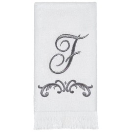 Avanti Linens - Monogram Embroided Fingertip Towel, 100% Cotton Bathroom Decor, F-Scroll, White/Pewter