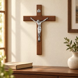 7.8 Inch Wooden Crucifix Wall Cross with Jesus Figure, Catholic Christian Decor for Wall or Tabletop