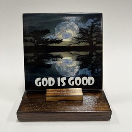 Handmade GOD IS GOOD Moonlight 4.25 X 4.25 Custom Ceramic Tile Coasters And Wood Stand