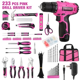 ValueMax Home Tool Kit with Drill, 233-Pieces Pink Tool Set with 12V Cordless Lithium-ion Drill, Power Tool Set with Wide Mouth Open Storage Bag, Basic Drill Sets Combo Kit for DIY and Daily Repair