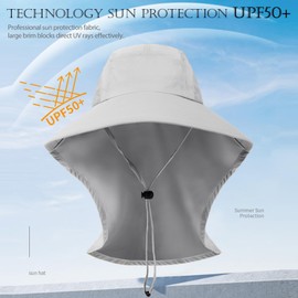 TUVATU Sun Hat with Neck Flap, UPF 50+ UV Protective Wide Brim Breathable Fishing Hiking Hats for Men Women, Light Grey