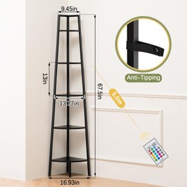 Yoobure Corner Shelf Stand, 5-Tier Corner Bookshelf with LED Light Corner Shelves for Bedroom, Tall Corner Book Shelf with Steel Frame Corner Bookcase Book Shelves Display Shelf for Living Room Office