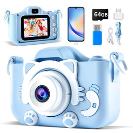 Acrebow Mini Cámara para Niños Digital, Actualizado 64G Tarjeta de Memoria Adaptador de Teléfono Android Lector de Tarjetas 2.0 IPS HD Pantalla Selfie fotografía 1080P Video Juguete Regalo para Niñas