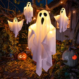2-Pack Light-Up Hanging Ghost Decorations for Halloween – Warm LED Glow with Flexible Arms for Porch, Door, Window & Party Decor