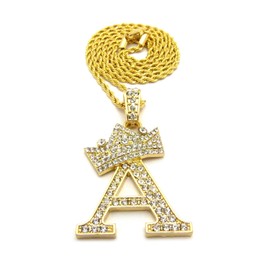 CBC Crown Rhinestone Studded Crown Initial Alphabet Letter Pendant Necklace 24" Rope Chain Necklaces (Gold - A)