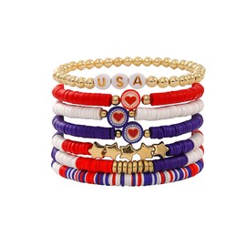 KOFISNI 4th of July Bracelets for Women Red White and Blue Bracelets USA Clay Bead Bracelet American Flag Bracelets Patriotic Beaded Stackable Bracelet Set for Men (A)