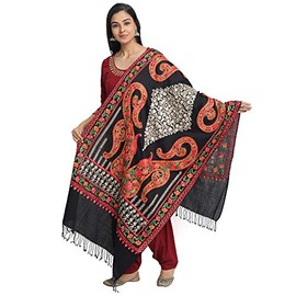 Zamour Kashmir Women Stole Shawl Scarf Wrap with Indian Embroidery Flower (Black)
