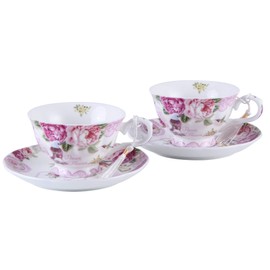 London Boutique Coffee Tea Cup and Saucer 2 Shabby Chic Vintage Flora Porcelain Set Gift Box (Pink (Bird Rose Butterfly), 11x8cm, 2 Count