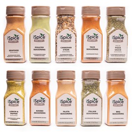 iSpice Starter Spice Set- Kitchen Spices Set Included Canadian steak, Fajita, BBQ Seasoning, Poultry, Taco, Italian, Seafood, Adobo, lemon Pepper, and Pizza Sauce-Spices |10 Pack |Mix and Match