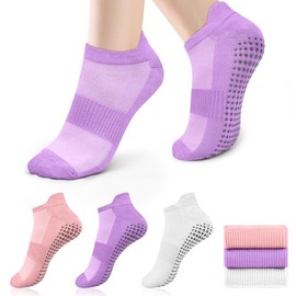 Tobfit 3 Pairs Pilates Socks for Women Non Slip Grip Sock Yoga Socks Ankle Grippy Sock Woman Pink+White+Purple