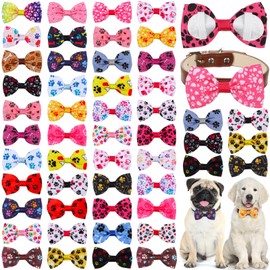 Reginary 50 Pieces Dog Bow Ties Pet Collar Bow Puppy Collar Attachment with Rubber Bands for Small Medium Cat Pet Grooming Charms Accessories Wedding Birthday Occasion(Dog Paw Style)