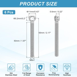 PATIKIL 6 Pcs M6x55mm Shoulder Swing Lifting Eye Bolt, 304 Stainless Steel Metric Full Thread Fisheye Eye Slip Hole Screw Rigging Bolt Metal Fasteners Screws, Silver Tone