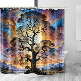 LYFANS Shower Curtain Life Tree Theme, Colorful Bright Sky Brings A Unique Artistic Atmosphere to The Bathroom, 72x79 Inch Fabric Shower Curtain with 12 Hooks.