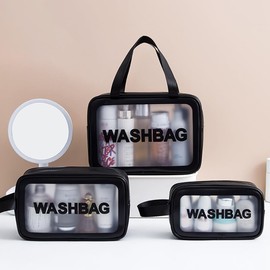 Osborri 2PCS Toiletry Bag for Women Men, Wash Bag, Clear PU Makeup Bag, Makeup Cosmetic Organizer Bag for Travel Toiletries Accessories(Black) (2Pcs-Black)