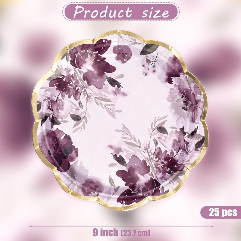 WRAPAHOLIC 25Pcs Floral Paper Plates - 9 Inch Beautiful Purple