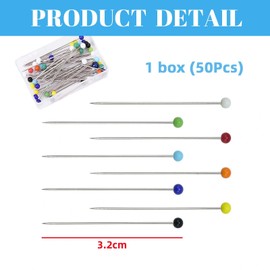 32mm Extra Long Sewing Pins with Glass Heads 50 Pieces - 0.8mm thick Quilting Pins for Dressmaking, Jewellery & Crafts