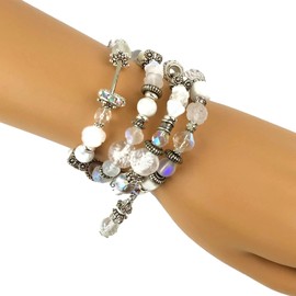 Crystal Clear and Winter White Memory Wire Bracelet, Silver Plated Brass, Beaded, Coiled