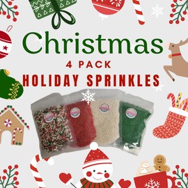 Holiday Christmas Sprinkle Set 4 Pack 8 Ounces Each Bag, Green, Red, White, Mix