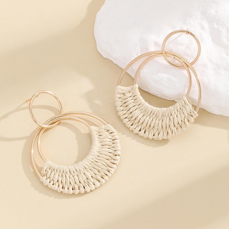 Boho Raffia Earrings for Women Summer Raffia Hoop Earrings Statement
