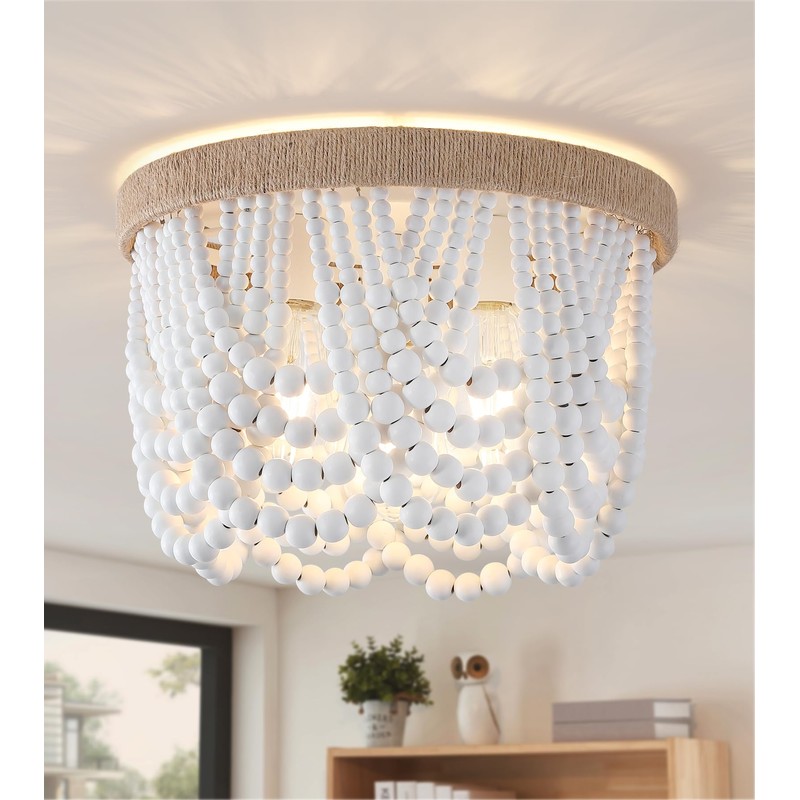 AMZASA White Boho Wood Beaded with Hemp Rope Flush Mount