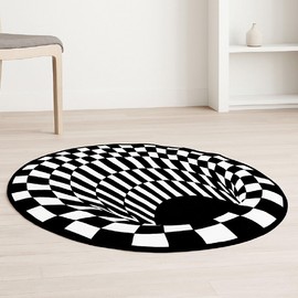 VIDANK - 3D Optical Illusion Round Checkered Rug – Black and White Checkerboard Area Rug for Bedroom, Living Room or Dorm – Cool Trippy Floor Carpet Decor for Boys Room, Game Room or Aesthetic Spaces