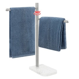 BathAce Hand Towel Holder, F-Shape Hand Towel Stand with Marble Base, Stainless Steel Swivel Hand Towel Rack Standing Towel Bar for Bathroom Kitchen Countertop, 2 Arms (Brushed Nickel)
