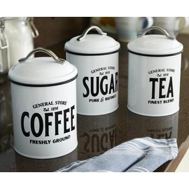 Maria`s Selection Set of 3 white Vintage Tea, Coffee, Sugar, Canister Set - Easy to Open Airtight Lids - Storage Tin