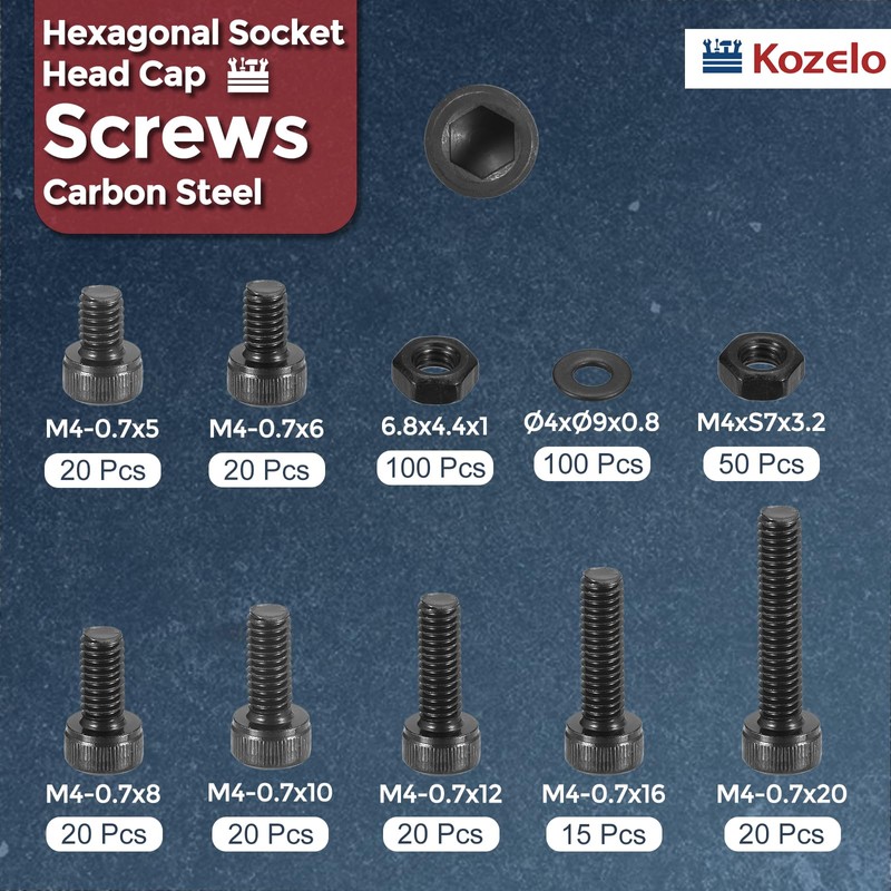 Kozelo 380pcs M4 Socket Head Cap Screws Bolts Nuts Assortment