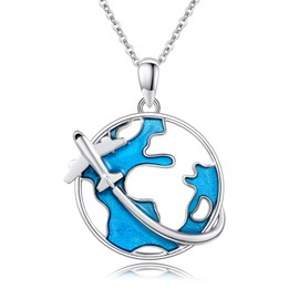 World Map Necklace 925 Sterling Silver World Map Flight Pendant Blue Enamel Aeroplane Earth World Map Jewellery Gifts for Men and Women, Sterling Silver, No Gemstone