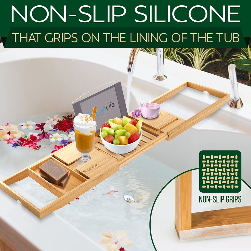 SereneLife Luxury Bamboo Bathtub Caddy Tray - Adjustable Natural Wood