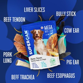 SUPER CAN BULLYSTICKS Mega Mix Natural Dog Chews Variety Pack (2lbs) | Cow Ears, Pig Ears, Trachea, Beef Lung, Liver Dog Treats | Long Lasting Bully & Gullet Sticks