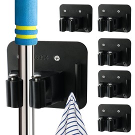 Bntyok 5 Pack Broom Holder Heavy Duty Stainless Steel Broom Hanger with Hooks Screw Drilling Rust Resistant Mop and Broom Holder Wall Mount for Bathroom Kitchen Laundry Room Garage - Black