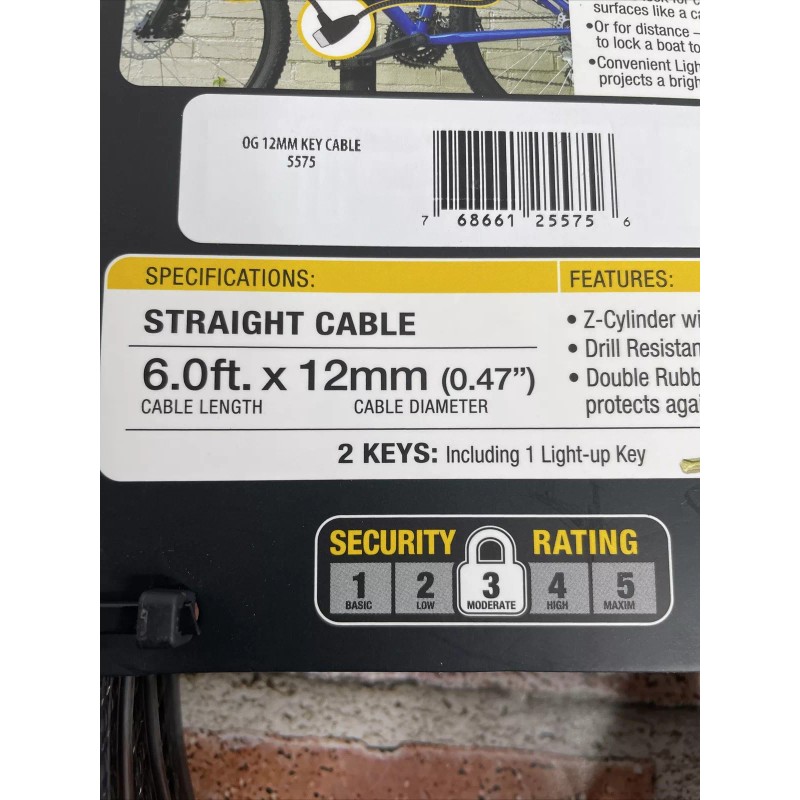 OnGuard One Mean Lock 6’ Straight Key Locking Cable. W/Light